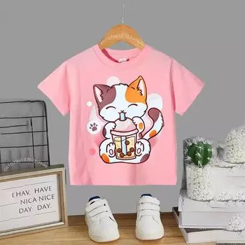 Детская летняя футболка из 100% полиэстера с изображением кота и молока для маленьких девочек, хлопковая футболка Harajuku для мальчиков и девочек, хлопковая футболка 100 cm