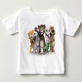 Детская летняя хлопковая футболка с мультяшным принтом «Говорящий кот», топы для мальчиков и девочек, дышащая удобная футболка 110 белый