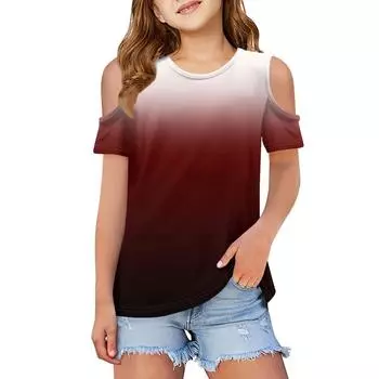 Детская летняя модная футболка с круглым воротником и росой на плечах, пальто для отдыха с градиентом 160