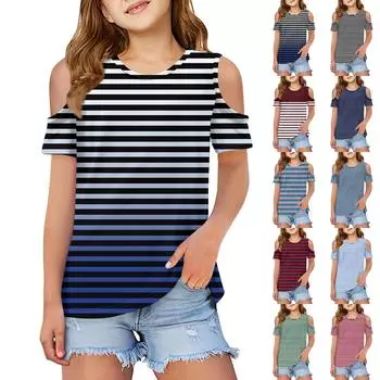 Детская летняя модная роса плечо круглый воротник досуг полосатая футболка пальто 100 армия зеленый