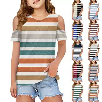 Детская летняя модная роса плечо круглый воротник досуг полосатая футболка пальто 120