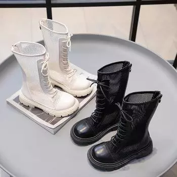 Детская летняя обувь для девочек, модные сандалии, высокие сетчатые ботинки, дышащие сетчатые шнурки, украшение с вырезом на молнии, стиль Ins 27 чёрный