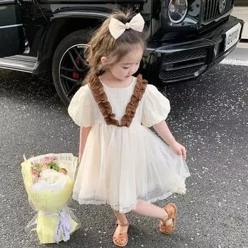 Детская летняя одежда, детское бежевое платье, сетчатые платья принцессы с короткими рукавами, милая одежда для маленьких девочек 2T бежевый