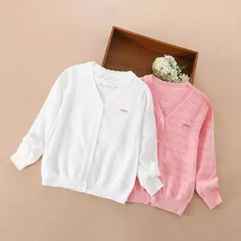 Детская летняя одежда для девочек, легкий кардиган, свитер на пуговицах, длинный рукав, повседневные трикотажные тонкие пальто 120 розовый