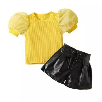 Детская летняя одежда для девочек, сетчатая лоскутная футболка с короткими рукавами в рубчик, топы и повседневный комплект кожаных шорт с повязками 1-2 Years жёлтый