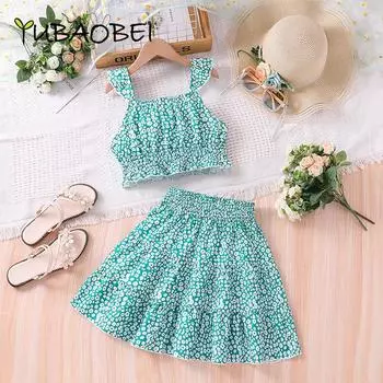 Детская летняя одежда, модные укороченные топы без рукавов с подтяжками с цветочным принтом + юбки, комплекты из 2 предметов для детей и девочек