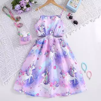 Детская летняя одежда, новое платье с принтом единорога для девочек 8-12 лет, модное платье принцессы с открытой талией на бретельках, детское платье 130cm фиолетовый