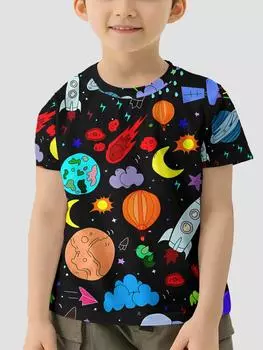 Детская летняя одежда с рисунком из мультфильма «Космические планеты» Детская футболка 2025 Детская одежда Детская одежда для мальчиков Футболка Топ для мальчиков 100