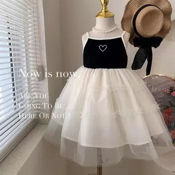 Детская летняя одежда, сетчатое модное платье принцессы на бретельках для девочек, жилет с принтом в форме сердца, платья 2T чёрный