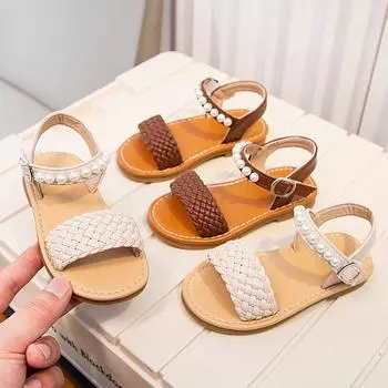 Детская летняя пляжная обувь Простые сандалии принцессы на плоской подошве для девочек Однотонные модные детские сандалии с плетеным жемчугом на мягкой подошве 21 бежевый