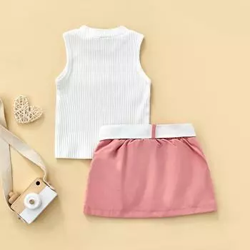 Детская летняя юбка для девочек, однотонные топы на бретелях без рукавов и повседневная мини-юбка с карманами и поясная сумка 1-2 Years белый