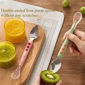 Детская ложка для еды, силиконовая ложка с двойной головкой, инструмент для соскабливания фруктов, ложка-динозавр, скребок для еды, детская посуда зелёный