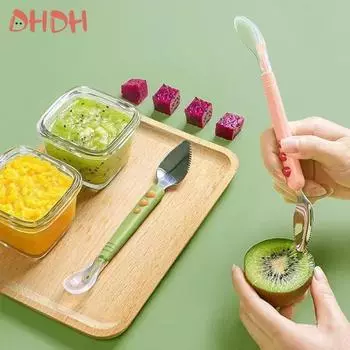 Детская ложка для соскабливания фруктов Ложка для кормления Мягкая силиконовая ложка Двусторонняя столовая посуда из нержавеющей стали Детские гаджеты