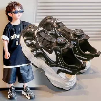 Детская минималистичная модная дышащая обувь для спорта и отдыха, уличные сандалии, детская обувь с одинарной сеткой, пляжная обувь 28 чёрный