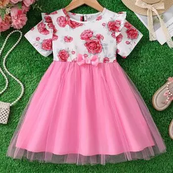 Детская мода Цветочное платье Лето для девочек с принтом рукава-крылышка Холтер квадратный воротник Платье принцессы 90cm розовый