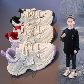 Детская мода Four Seasons Дышащая повседневная обувь для детей Бег Спорт Студенты Девочки Трендовые удобные кроссовки для спортзала 27 чёрный