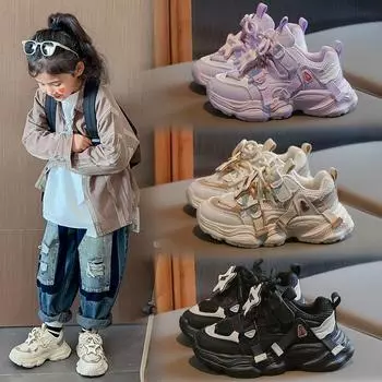 Детская мода Four Seasons Дышащая повседневная обувь для детей Бег Спорт Студенты Девочки Трендовые удобные кроссовки для спортзала 26 чёрный