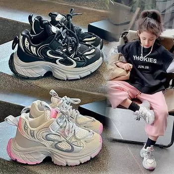 Детская мода Four Seasons Дышащая повседневная обувь для детей Бег Спорт Студенты Девочки Трендовые удобные кроссовки для спортзала 26 чёрный