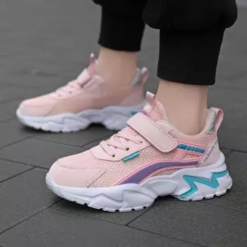 Детская мода Four Seasons Дышащая повседневная обувь для детей Бег Спорт Студенты Девочки Трендовые удобные кроссовки для спортзала 28 персиковый/чёрный
