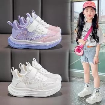 Детская мода Four Seasons Дышащая повседневная обувь для детей Бег Спорт Студенты Девочки Трендовые удобные кроссовки для спортзала 26 белый