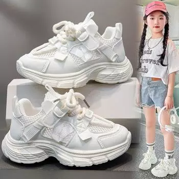 Детская мода Four Seasons Дышащая повседневная обувь для детей Бег Спорт Студенты Девочки Трендовые удобные кроссовки для спортзала 26 белый