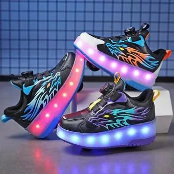 Детская мода Износостойкие перезаряжаемые двухрядные двухколесные шкивы Обувь для ходьбы с жестоким освещением Спортивная обувь Обувь для доски 30 чёрный/белый