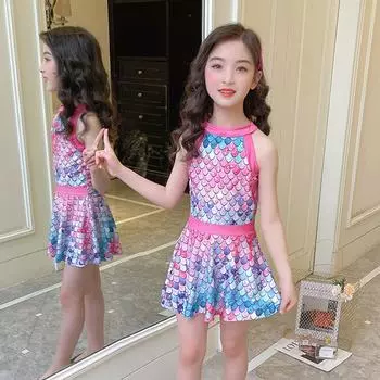 Детская мода, купальник-русалка, платье с лямкой на шее для девочек и шорты для мальчика, летний пляжный купальный костюм, купальный костюм из двух частей, купальный костюм с горячими источниками для детей M