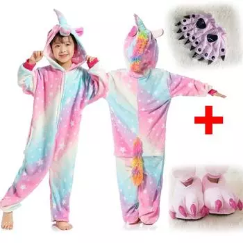 Детская мода, милая домашняя повседневная одежда для сна, костюм кигуруми с изображением радужного единорога и животного с перчатками и тапочками 4T
