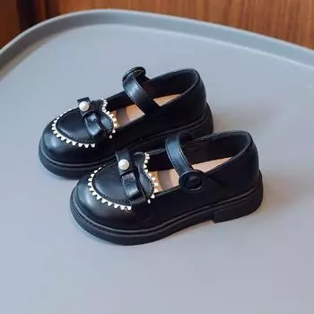 Детская мода, мокасины для девочек, цветные, жемчужные, милые, принцессы, вечерние, свадебные, шоу, обувь 2024, новые детские туфли из искусственной кожи 23 чёрный