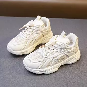 Детская мода однотонные черные школьные кроссовки универсальные на шнуровке 2024 весна спортивная обувь для девочек дышащая сетчатая PU обувь для бега для мальчиков 26 чёрный