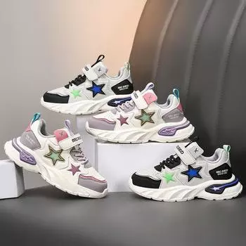 Детская мода осень и зима дышащая повседневная обувь для детей бег спорт студенты девочки трендовые удобные кроссовки для спортзала 28 серый/чёрный