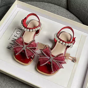 Детская мода сандалии для девочек с открытым носком на низком каблуке универсальные детские туфли принцессы Мэри Джейн для вечеринок свадебных шоу лето 2024 26 чёрный