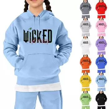 Детская мода свободная повседневная повседневная толстовка с капюшоном и принтом ведьмы с длинным рукавом 160 синий