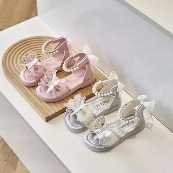 Детская мода универсальная обувь принцессы 2024 лето новые полусандалии для девочек с узлом сзади пляжная обувь для девочек с милой бабочкой 23 розовый