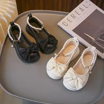 Детская модная черная кожаная обувь с бантом из жемчужной цепочки, милая детская универсальная обувь Мэри Джейн для девочек «Мэри Джейн» для свадебной вечеринки 26 бежевый