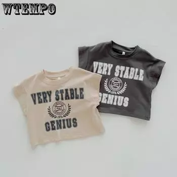 Детская модная футболка с буквенным принтом для мальчиков, универсальные футболки с передним плечом для девочек, хлопковые тонкие удобные пуловеры высокого качества, топы 80 серый