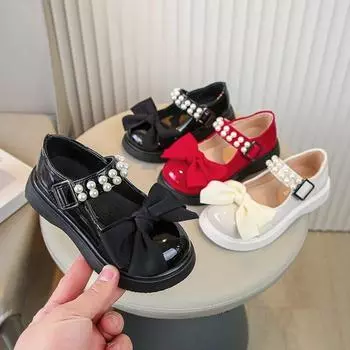 Детская модная кожаная обувь для девочек с жемчугом и бантом, простая платформа, милая принцесса для вечеринки, свадьбы, детская обувь, корейская обувь из искусственной кожи 27 бежевый
