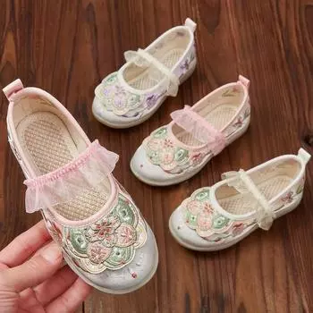 Детская модная обувь для девочек, вышитые вручную цветы, плоские туфли в китайском старинном стиле, детская обувь принцессы ханьфу для выступлений 25 фиолетовый