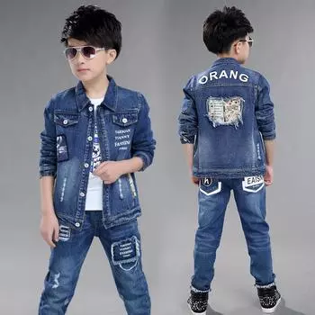 Детская модная повседневная джинсовая куртка для мальчиков на весну и осень, джинсовая куртка с длинными рукавами, джинсы, джинсовые штаны, комплекты, костюм, комбинезон