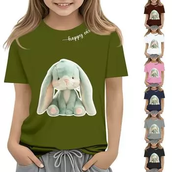 Детская модная повседневная футболка с коротким рукавом и принтом пасхального кролика, с круглым вырезом и коротким рукавом 100 розовый