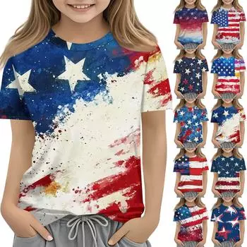 Детская модная повседневная футболка с коротким рукавом и принтом «День независимости» с круглым вырезом 110 бежевый