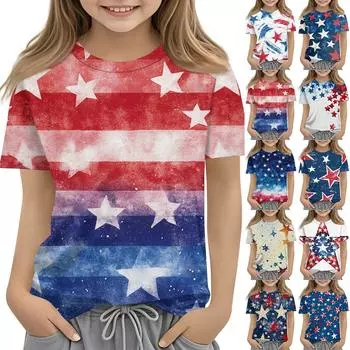 Детская модная повседневная футболка с коротким рукавом и принтом «День независимости» с круглым вырезом 110 бежевый