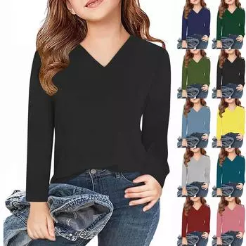 Детская модная повседневная однотонная футболка с длинным рукавом и V-образным вырезом 100 армия зеленый