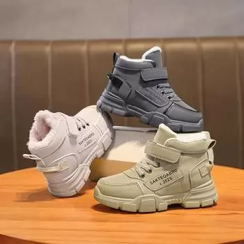Детская модная повседневная осенне-зимняя высокая плюшевая хлопковая дышащая обувь с утеплителем, удобные кроссовки Martin для спортзала для мальчиков и девочек 28 хаки