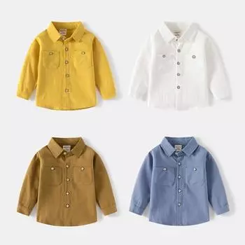 Детская модная рубашка 2023. Повседневная рубашка с длинными рукавами и двойным нагрудным квадратным воротником для мальчиков. 90cm белый