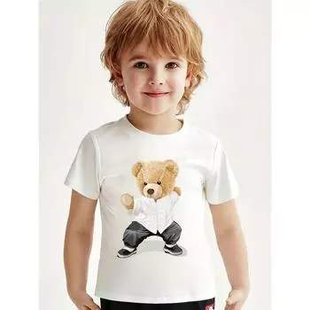 Детская мультяшная милая забавная графика с медведем, короткий рукав для мальчиков и девочек, удобная креативная хлопковая футболка с круглым вырезом, дышащие топы 4T(110cm)