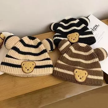 Детская мультяшная полосатая шапка с медвежонком, милые ушки, вязаная шапка для младенцев, корейская зимняя теплая детская шапка, чепчик для девочек и мальчиков коричневый