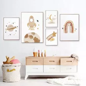 Детская настенная живопись Солнце Звезды Луна Земля Постеры и принты Украшение детской комнаты Мультфильм Вселенная Картина для детской комнаты Постер без рамки 21*30cm No Frame