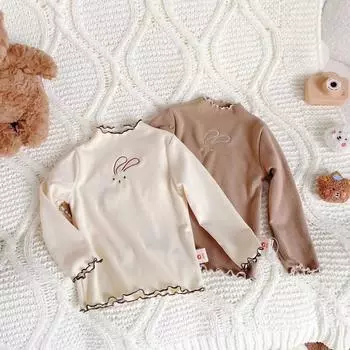Детская нижняя рубашка осенне-зимняя футболка с рисунком для девочек в корейском стиле с оборками и полуводолазкой для малышей 130 бежевый