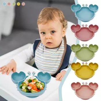 Детская обеденная тарелка, силиконовая посуда с мультяшным крабом, интегрированная разделенная пищевая дополнительная посуда, силиконовая детская обеденная тарелка One Size